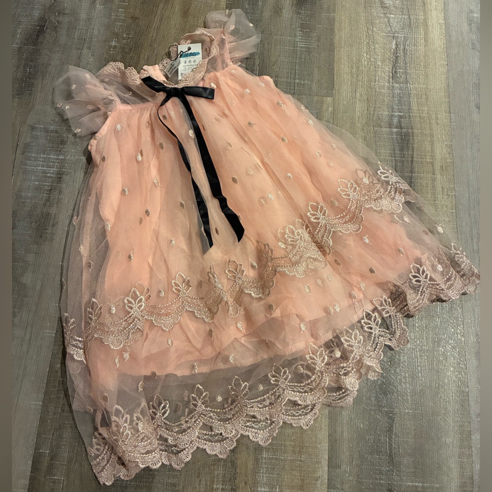 Elegant Pink Lace Dress with Black Bow